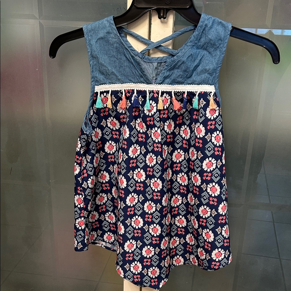 Shyanne Blue Floral Kids Blouse with Tassels